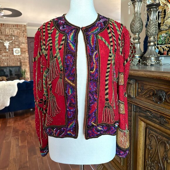 Vintage Niteline By Della Roufogali Red Silk Sequins Tassel Holiday Jacket Sz L - Picture 1 of 11